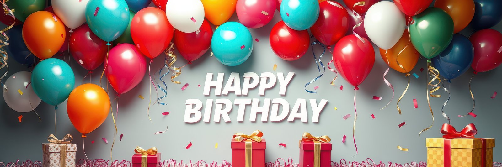 Colorful balloons and presents create a festive atmosphere for a birthday celebration in a decorated space